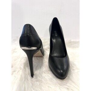 Michael Kors Women Pump Size 9.5 Platform Heel Black Leather Silver Logo